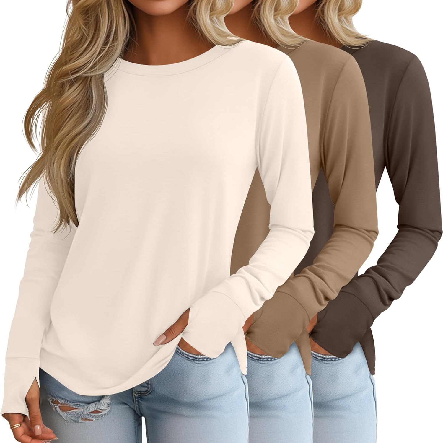Huukeay 3 Pack Women's Long Sleeve Shirts with Thumb Holes, Cotton Casual Crew Neck Tunic Tops Fall Loose Y2k Trendy Outfits