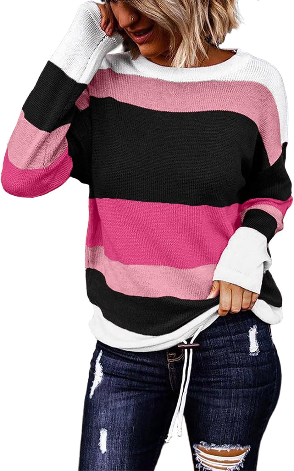 Dokotoo Womens Sweaters Striped Fall Winter Outfits 2025 Crewneck Drawstring Color Block Fashion Clothing