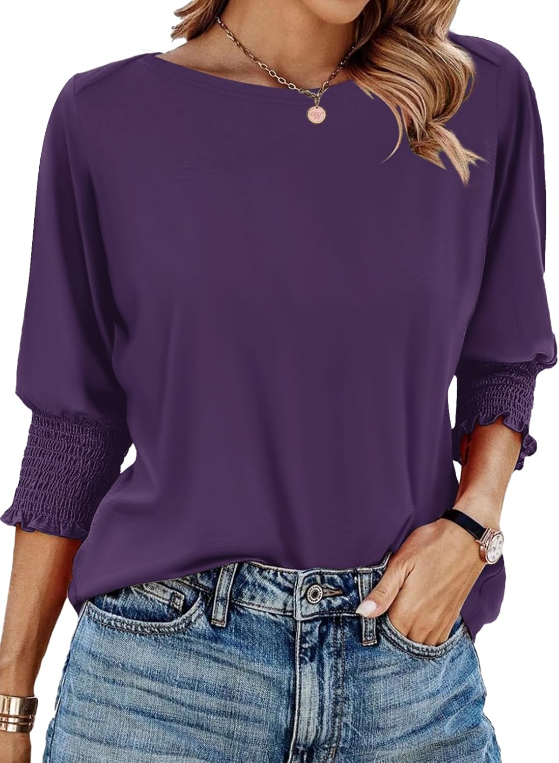 IECCP 3/4 Length Sleeve Womens Tops Summer 2025 Fashion Trendy Boat Crew Neck Smocked Work Dressy Casual T Shirt Blouses