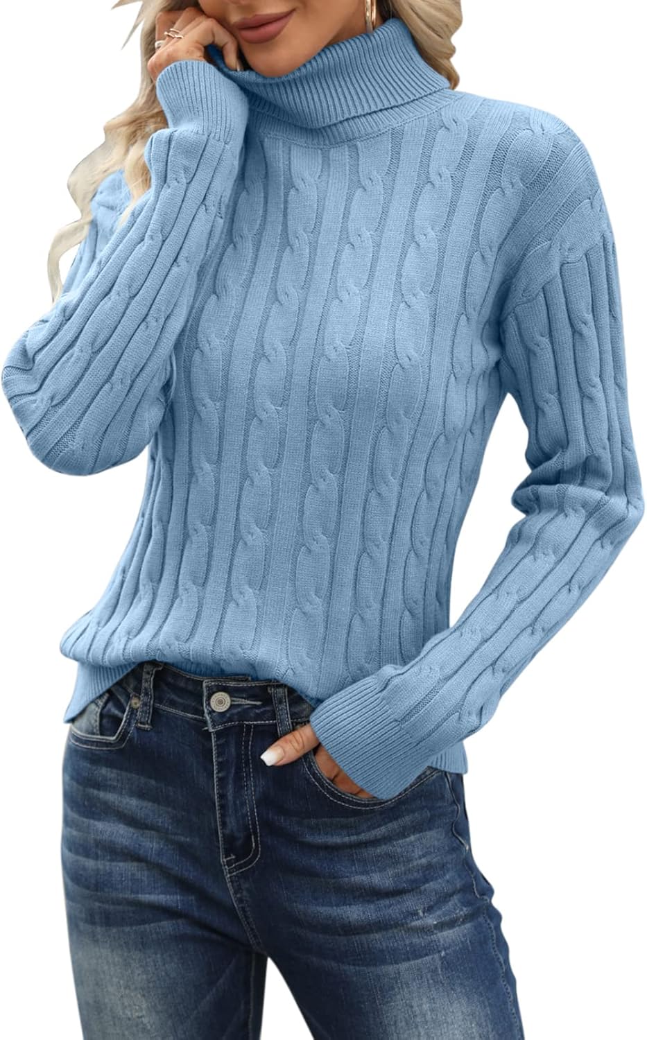 Esobo Women's Classic-fit Lightweight Cable Long Sleeve Mockneck Loose Casual Sweater Jumpers