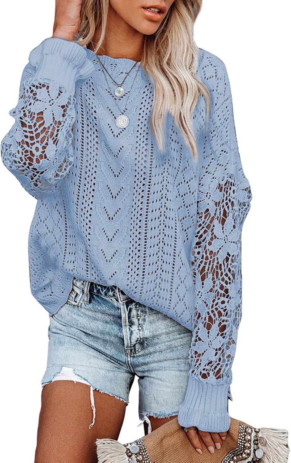Dokotoo Womens Crewneck Crochet Lace Long Sleeve Hollow Out Cable Knit Sweaters Pullover Tops
