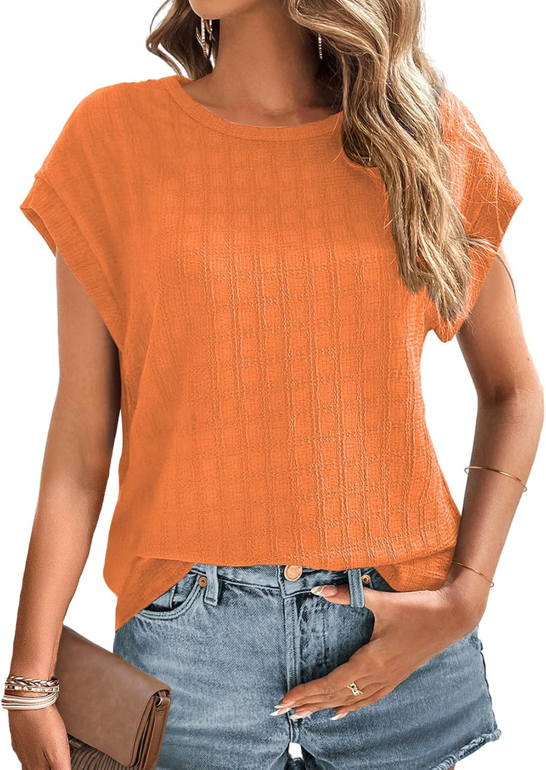 Dokotoo Womens Blouses Summer Casual Cap Short Sleeve Tops Basic Textured Solid Color Round Neck T Shirts Blouse