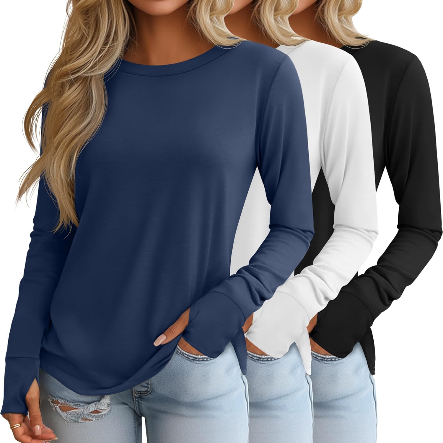 Huukeay 3 Pack Women's Long Sleeve Shirts with Thumb Holes, Cotton Casual Crew Neck Tunic Tops Fall Loose Y2k Trendy Outfits