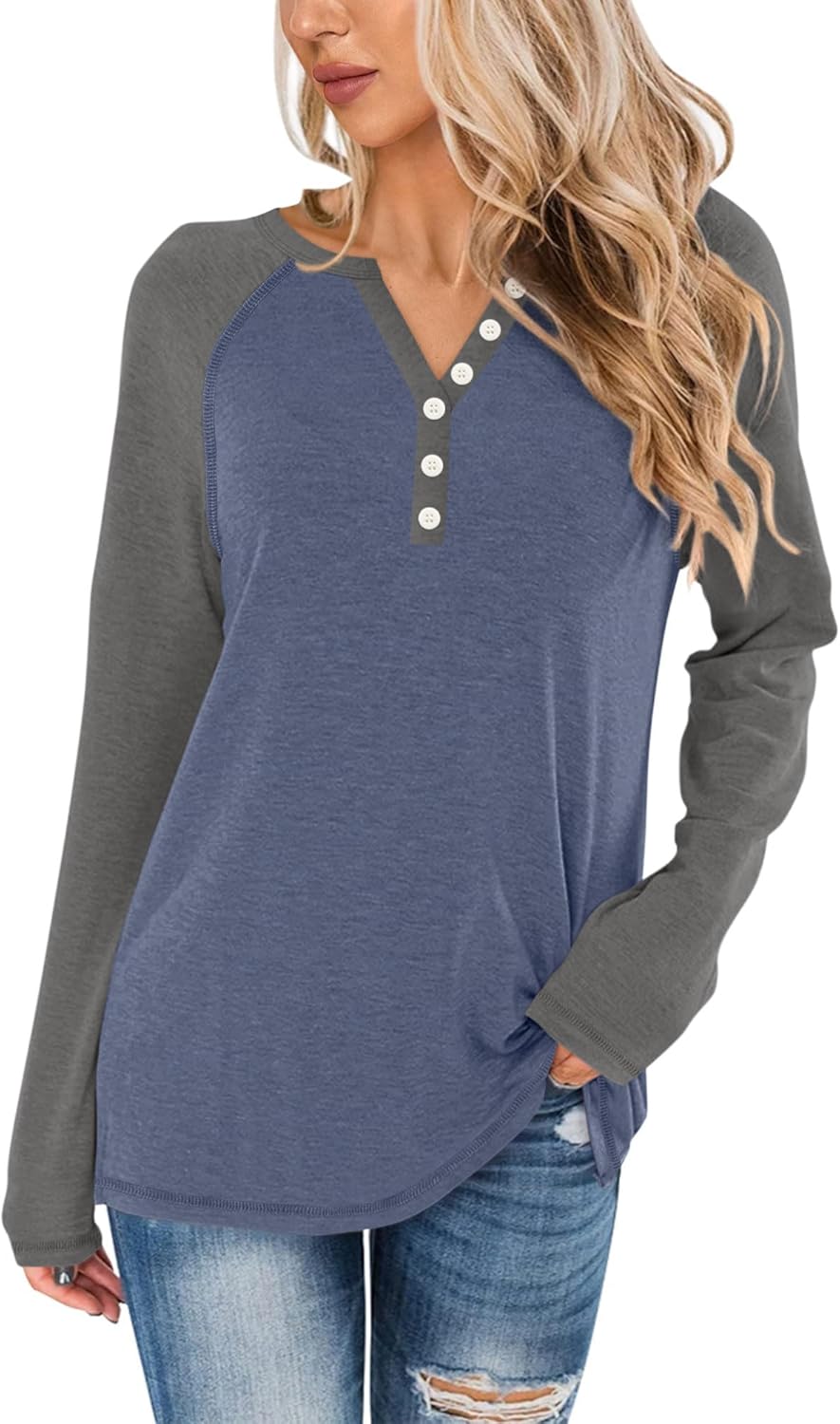 Syellowafter Women Henley Raglan Long Sleeve Color Block Tops Casual Loose Spring Fall Tunic Slouchy Shirts Dressy Blouse