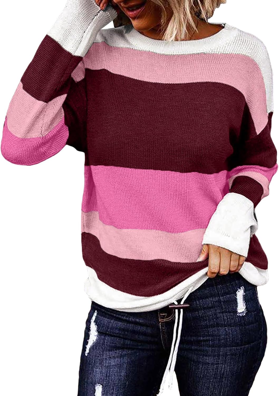 Dokotoo Womens Sweaters Striped Fall Winter Outfits 2025 Crewneck Drawstring Color Block Fashion Clothing