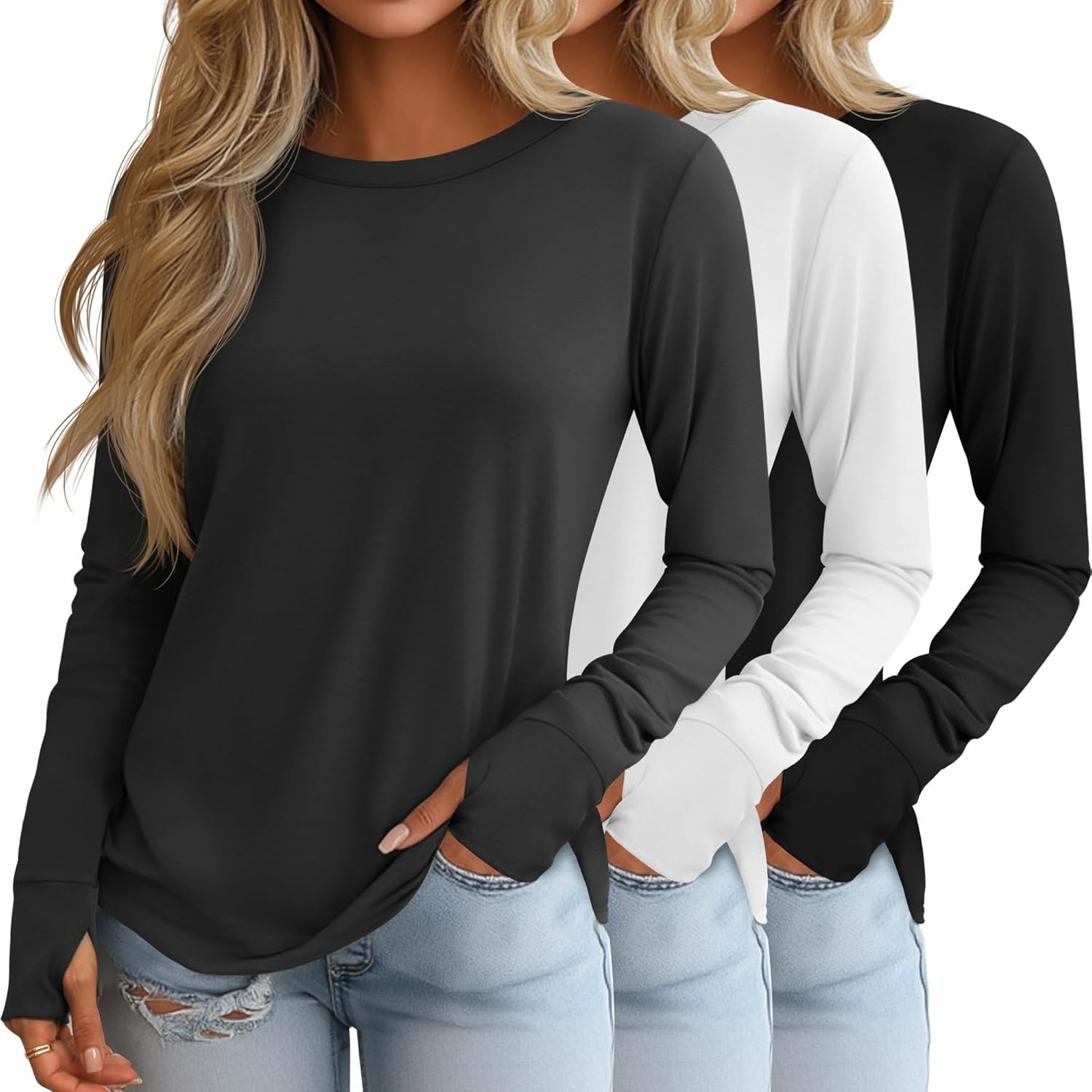 Huukeay 3 Pack Women's Long Sleeve Shirts with Thumb Holes, Cotton Casual Crew Neck Tunic Tops Fall Loose Y2k Trendy Outfits