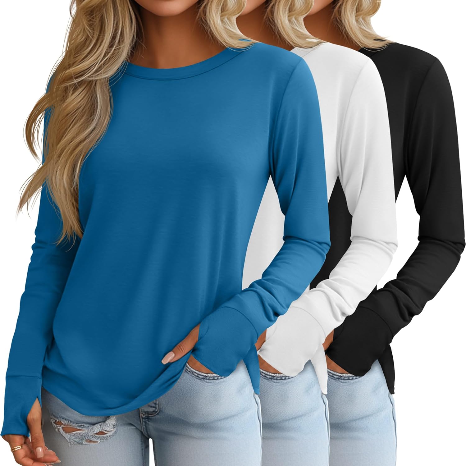 Huukeay 3 Pack Women's Long Sleeve Shirts with Thumb Holes, Cotton Casual Crew Neck Tunic Tops Fall Loose Y2k Trendy Outfits