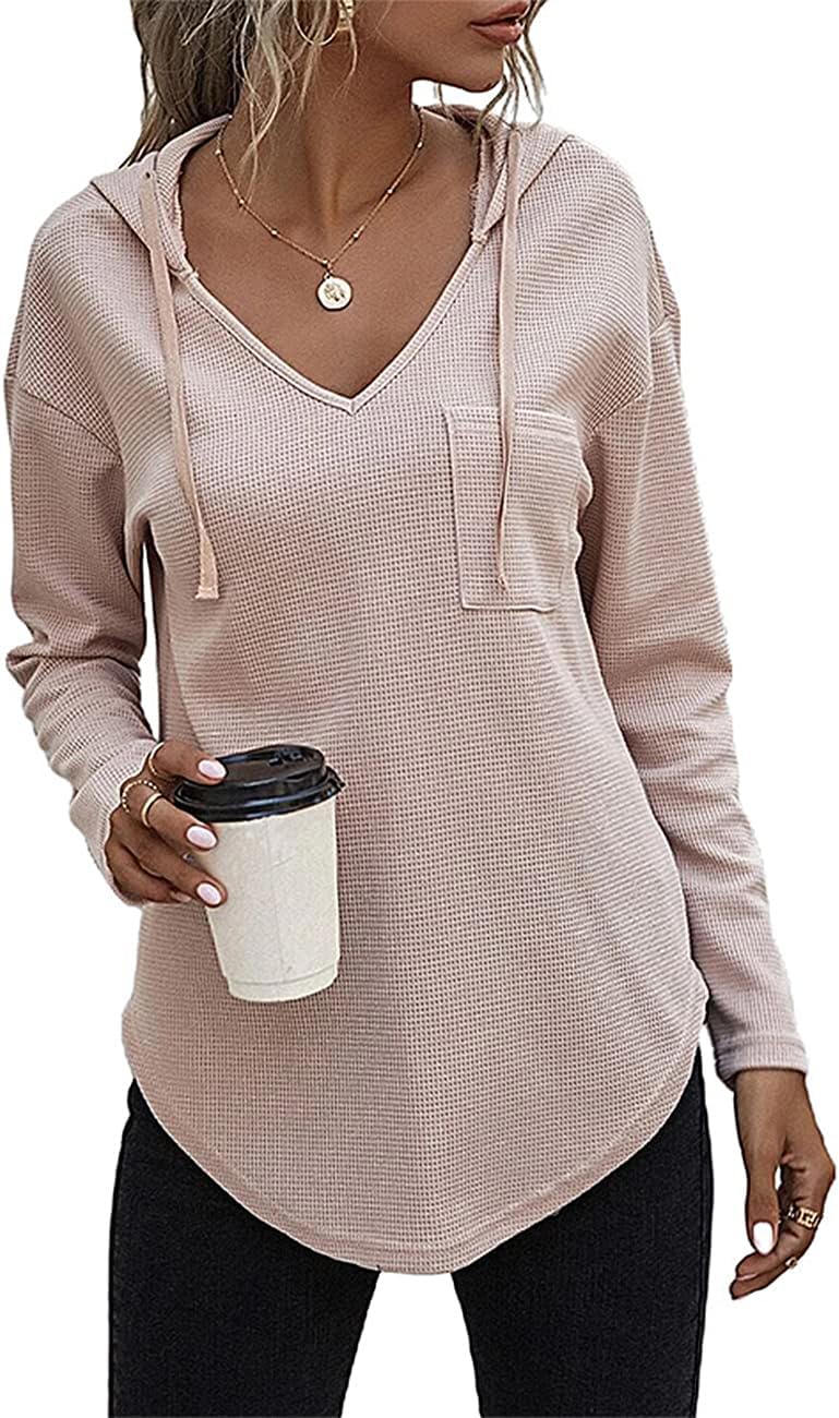 Women's V Neck Hoodies Long Sleeve Sweatshirt Drawstring Pullover Tops with Pocket