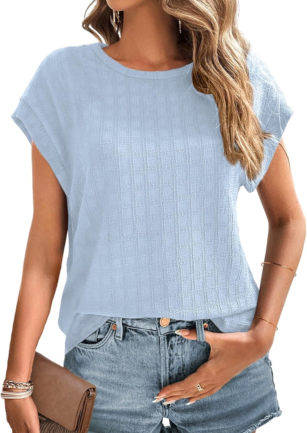 Dokotoo Womens Blouses Summer Casual Cap Short Sleeve Tops Basic Textured Solid Color Round Neck T Shirts Blouse