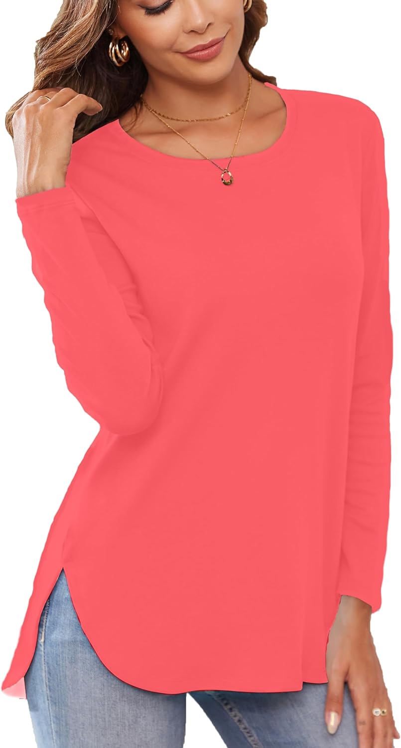 Herou Women's Casual Long Sleeve T Shirt Crewneck With Side Split Fall Pullover Loose Tunic Sweater Tops
