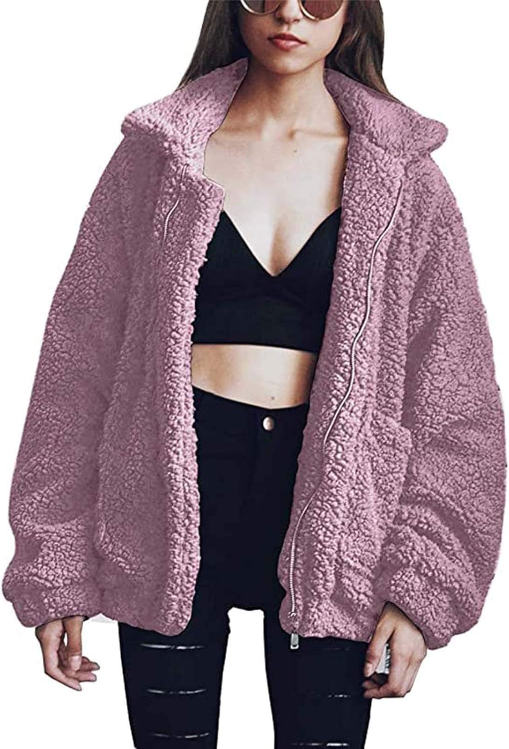 Comeon Women's Coat Casual Lapel Fleece Fuzzy Faux Shearling Zipper Coats Warm Winter Oversized Outwear Jackets