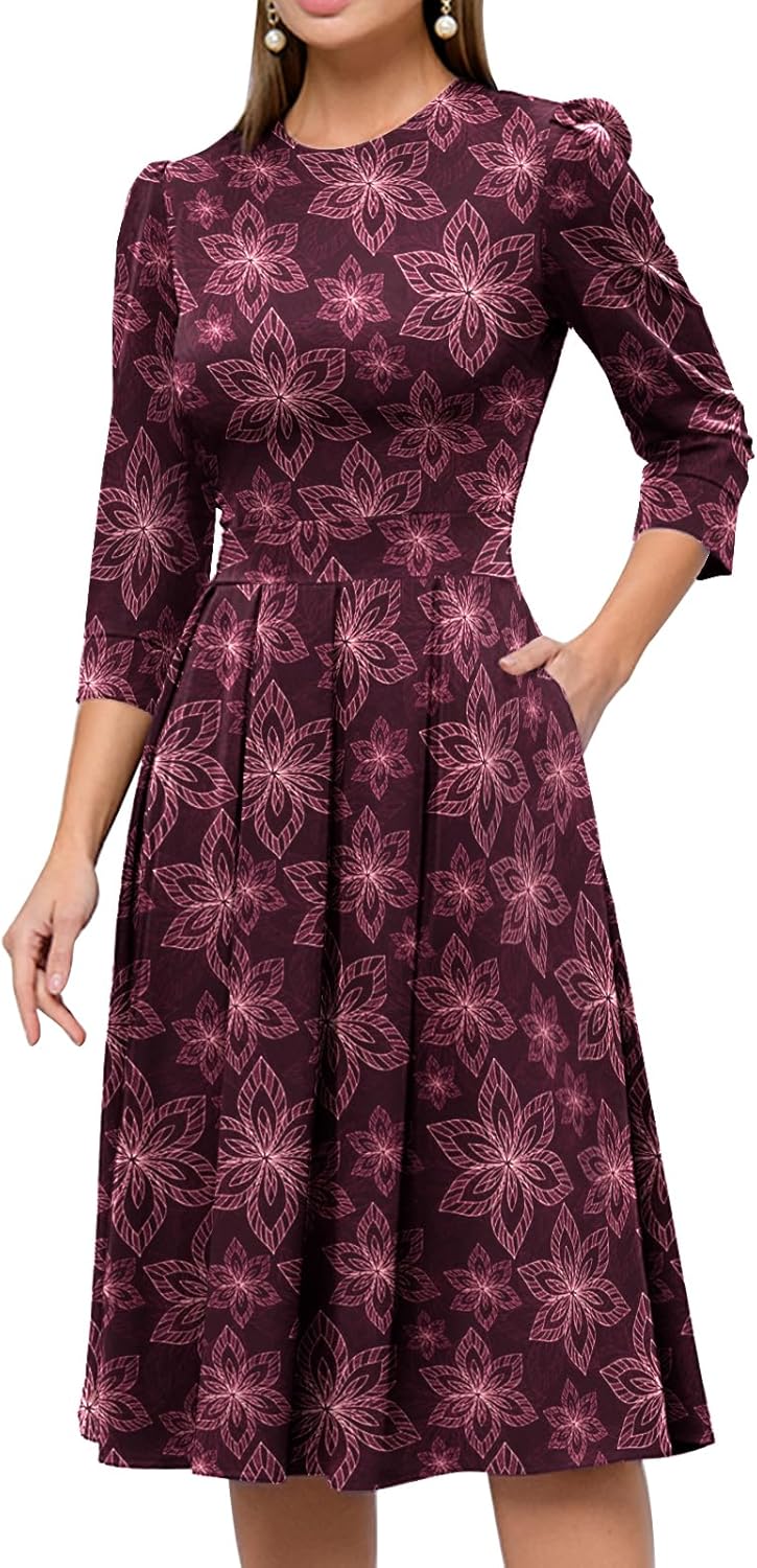 Simple Flavor Women's Floral Vintage Dress Elegant Midi Evening Dress 3/4 Sleeves