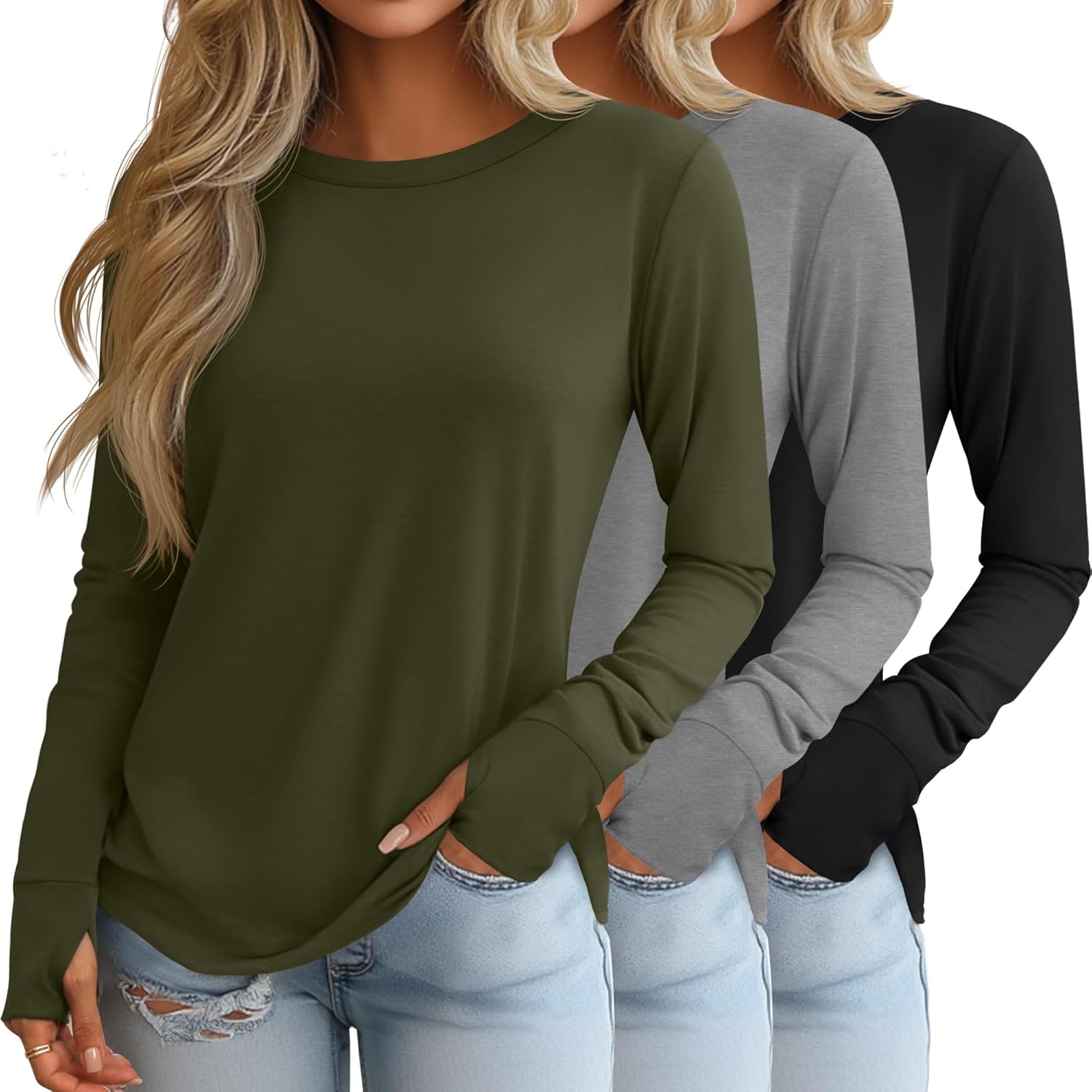 Huukeay 3 Pack Women's Long Sleeve Shirts with Thumb Holes, Cotton Casual Crew Neck Tunic Tops Fall Loose Y2k Trendy Outfits