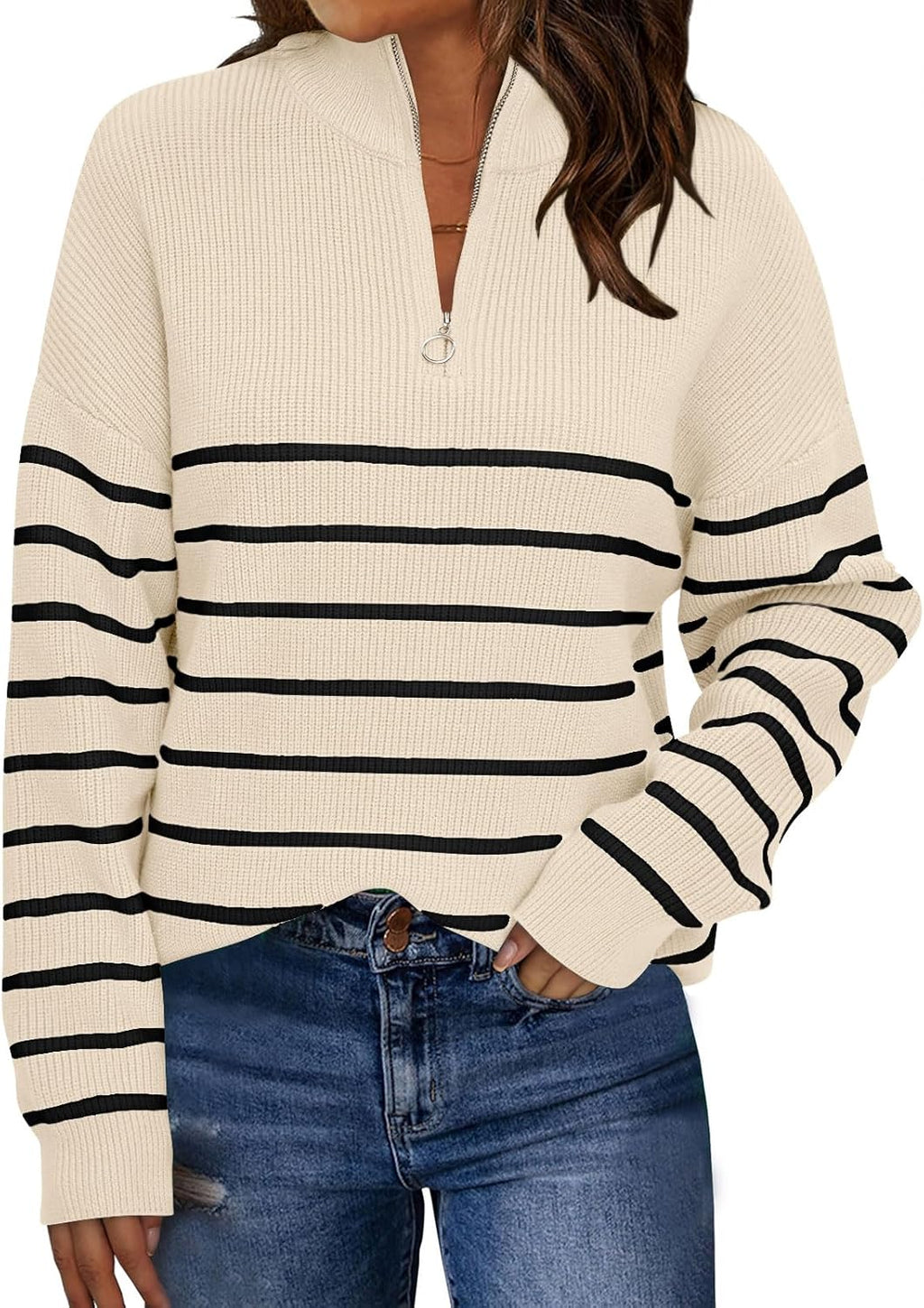 LILLUSORY Women's Quarter Zip Striped Oversized Sweater 2025 Mock Turtleneck Fall Fashion Outfit