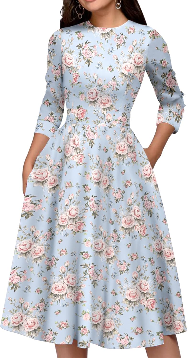 Simple Flavor Women's Floral Vintage Dress Elegant Midi Evening Dress 3/4 Sleeves