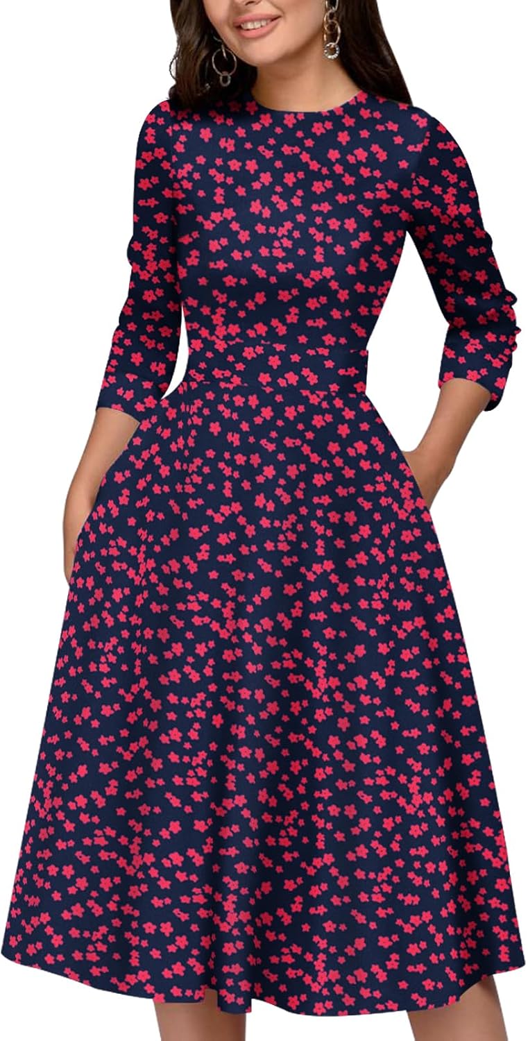 Simple Flavor Women's Floral Vintage Dress Elegant Midi Evening Dress 3/4 Sleeves