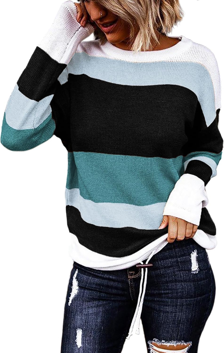Dokotoo Womens Sweaters Striped Fall Winter Outfits 2025 Crewneck Drawstring Color Block Fashion Clothing
