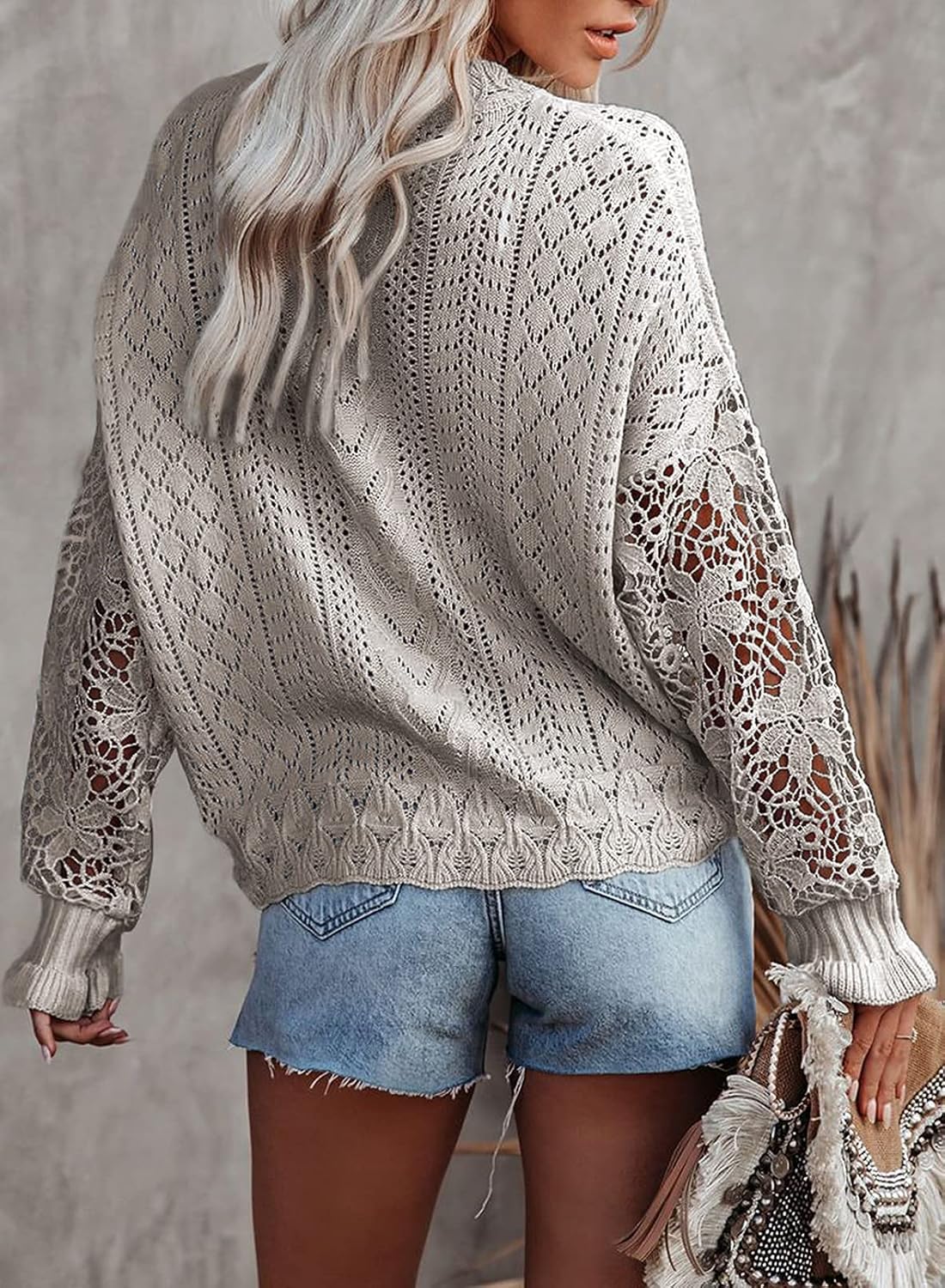 Dokotoo Womens Crewneck Crochet Lace Long Sleeve Hollow Out Cable Knit Sweaters Pullover Tops