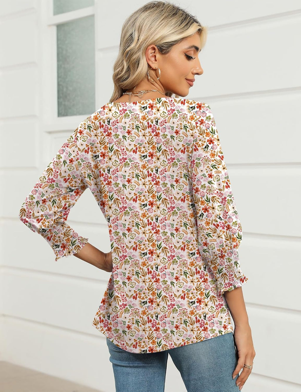 IECCP 3/4 Length Sleeve Womens Tops Summer 2025 Fashion Trendy Boat Crew Neck Smocked Work Dressy Casual T Shirt Blouses