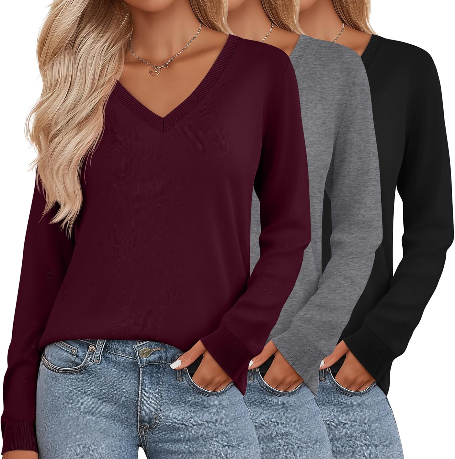 Riyiper 3 Pack Women's V Neck Sweater, Long Sleeve Lightweight Tops Casual Solid Color Pullover Loose Knit Classic Sweaters
