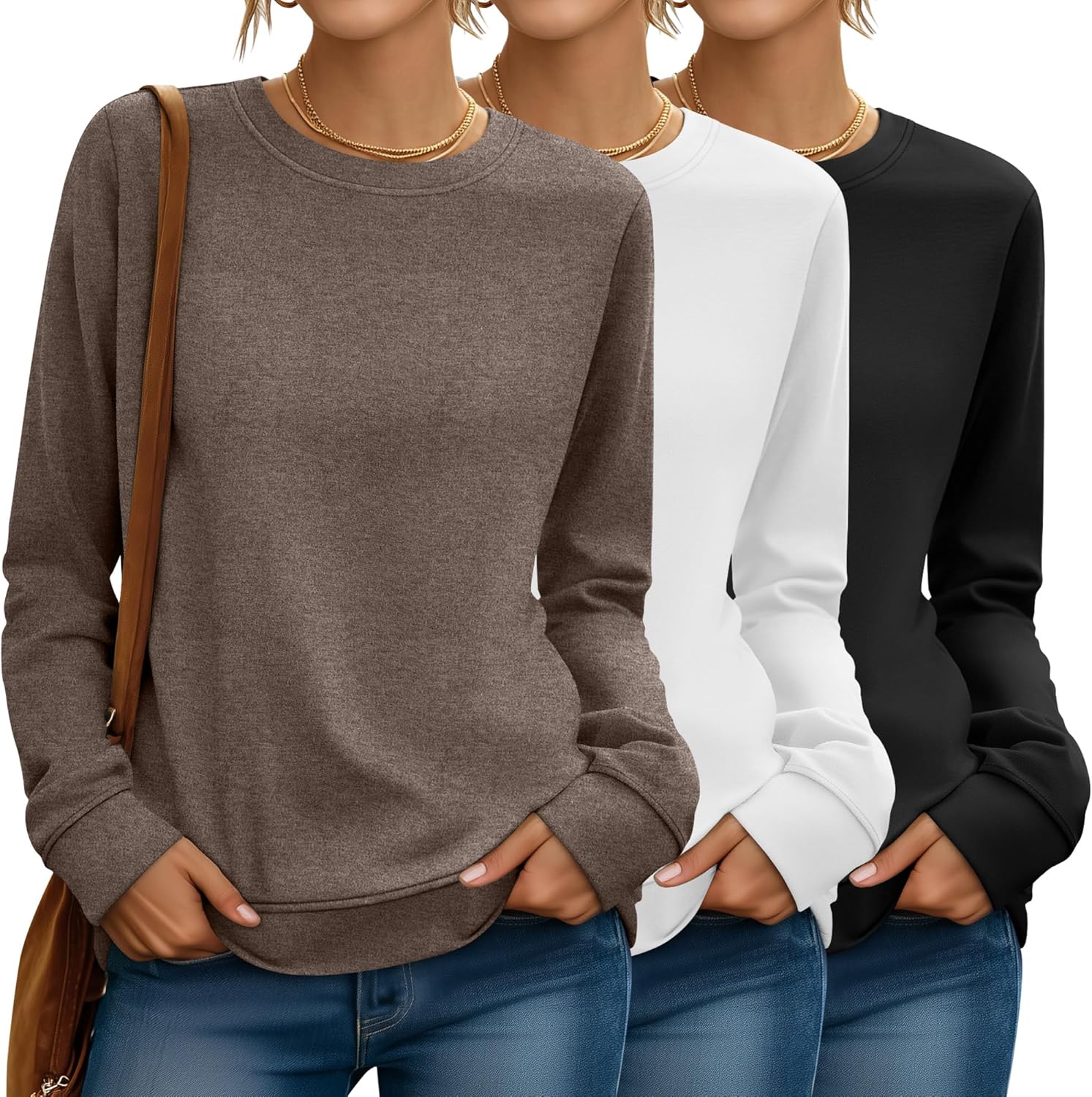 Riyiper 3 Pack Women's Long Sleeve Sweatshirts, Crew Neck Pullover Shirts Loose Casual Lightweight Fall Tops 2025 Trendy