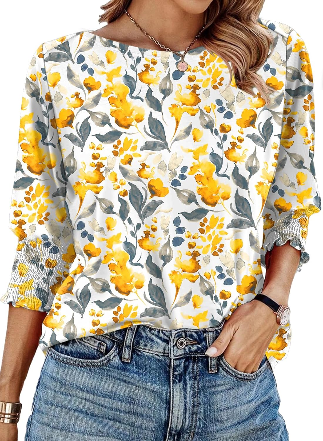 IECCP 3/4 Length Sleeve Womens Tops Summer 2025 Fashion Trendy Boat Crew Neck Smocked Work Dressy Casual T Shirt Blouses