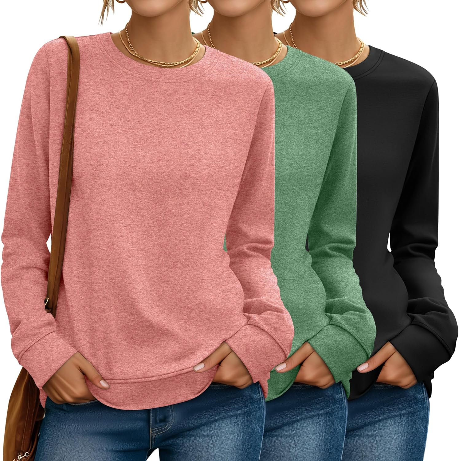Riyiper 3 Pack Women's Long Sleeve Sweatshirts, Crew Neck Pullover Shirts Loose Casual Lightweight Fall Tops 2025 Trendy