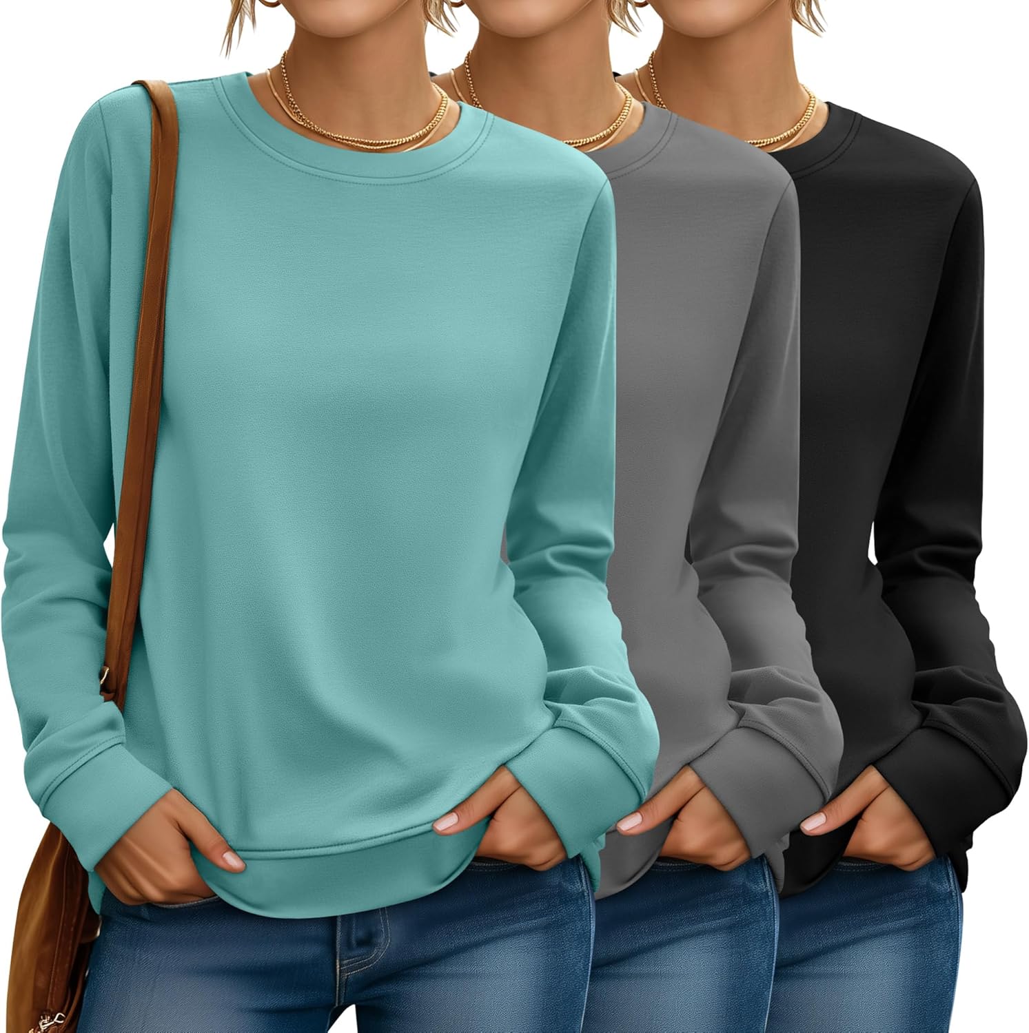 Riyiper 3 Pack Women's Long Sleeve Sweatshirts, Crew Neck Pullover Shirts Loose Casual Lightweight Fall Tops 2025 Trendy