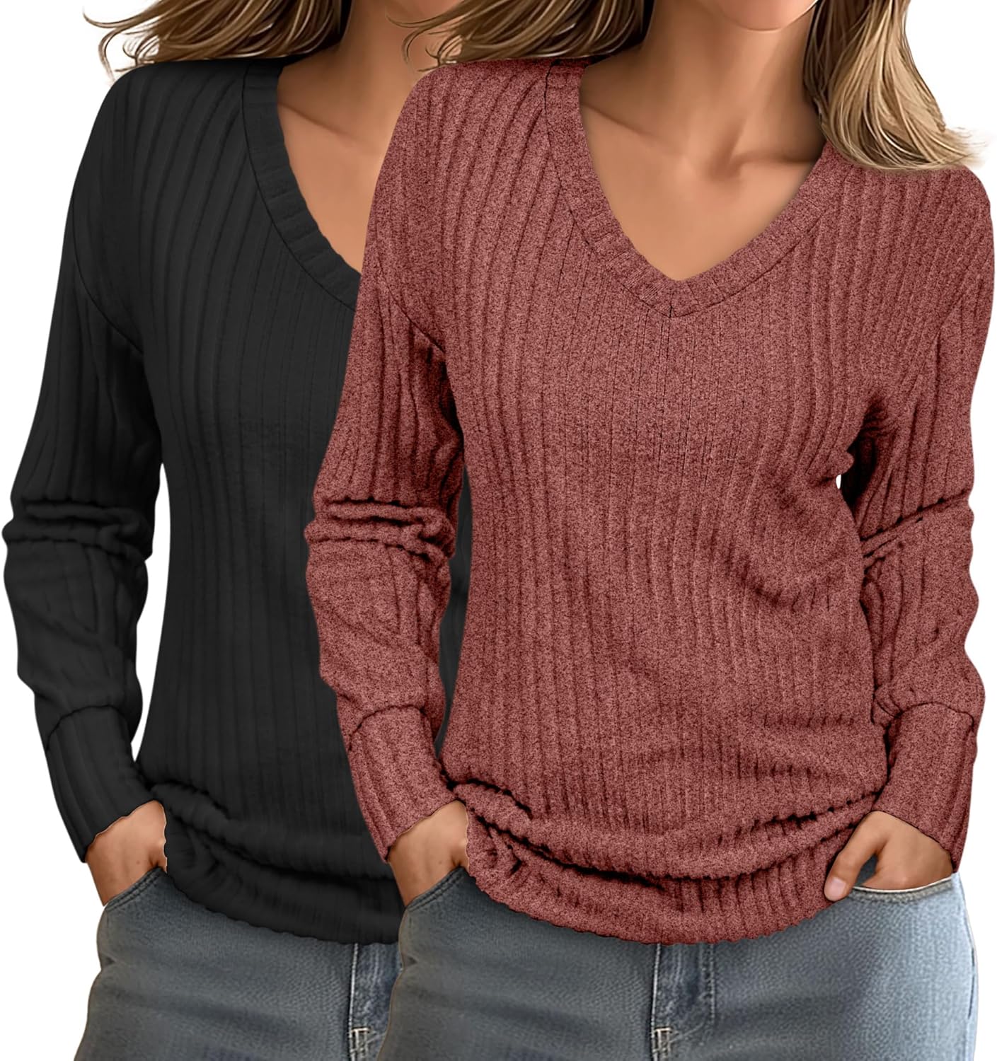 Ficerd 2 Pack Women's Long Sleeve Sweaters, Lightweight V Neck Tops Loose Pullover Sweaters Causal Tunictops 2025 Trendy
