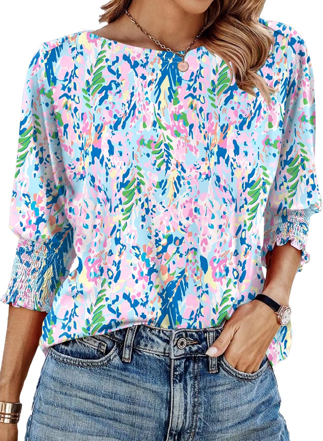 IECCP 3/4 Length Sleeve Womens Tops Summer 2025 Fashion Trendy Boat Crew Neck Smocked Work Dressy Casual T Shirt Blouses