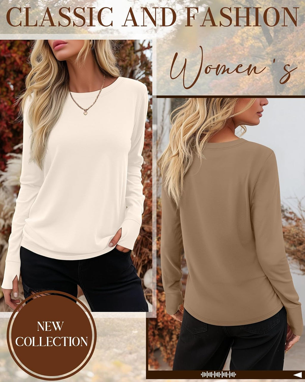Huukeay 3 Pack Women's Long Sleeve Shirts with Thumb Holes, Cotton Casual Crew Neck Tunic Tops Fall Loose Y2k Trendy Outfits