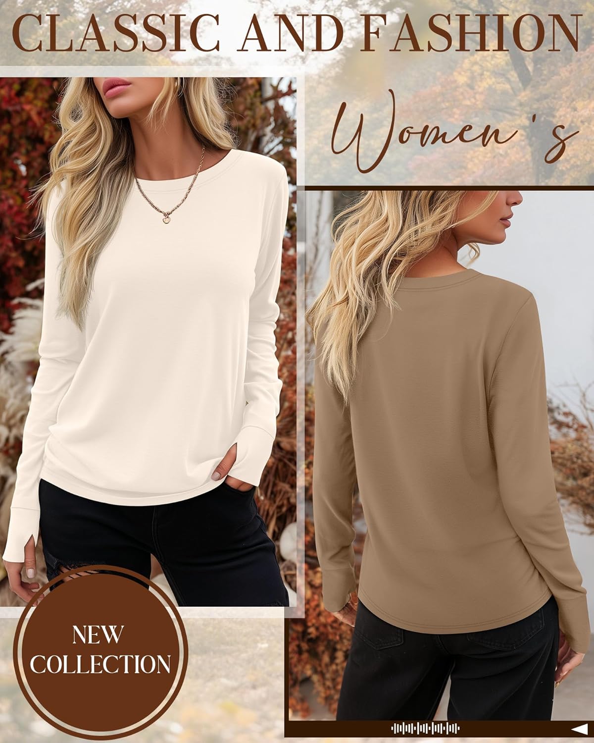 Huukeay 3 Pack Women's Long Sleeve Shirts with Thumb Holes, Cotton Casual Crew Neck Tunic Tops Fall Loose Y2k Trendy Outfits