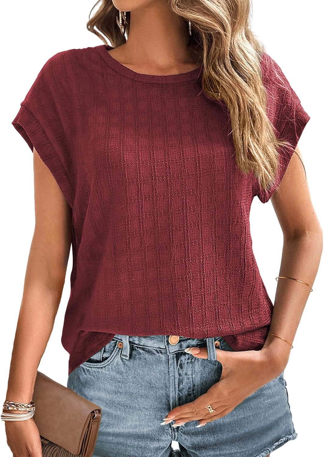 Dokotoo Womens Blouses Summer Casual Cap Short Sleeve Tops Basic Textured Solid Color Round Neck T Shirts Blouse