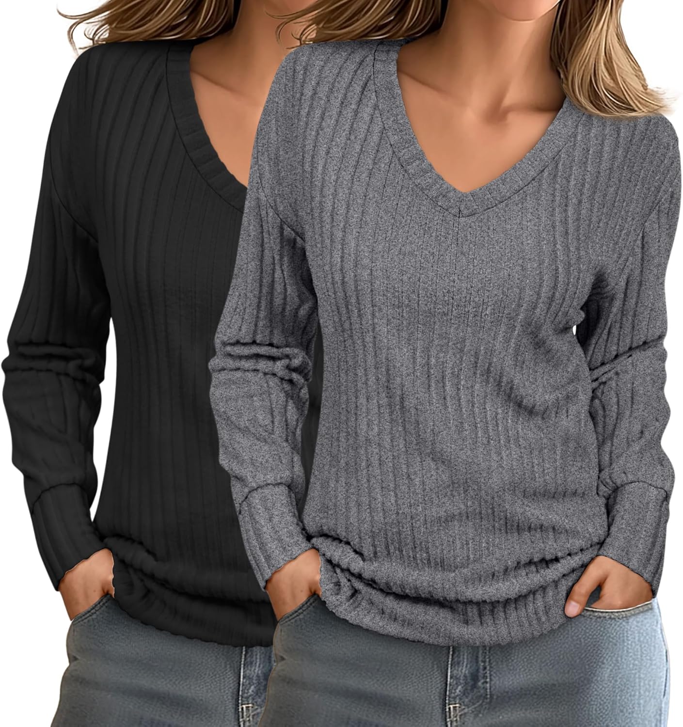 Ficerd 2 Pack Women's Long Sleeve Sweaters, Lightweight V Neck Tops Loose Pullover Sweaters Causal Tunictops 2025 Trendy