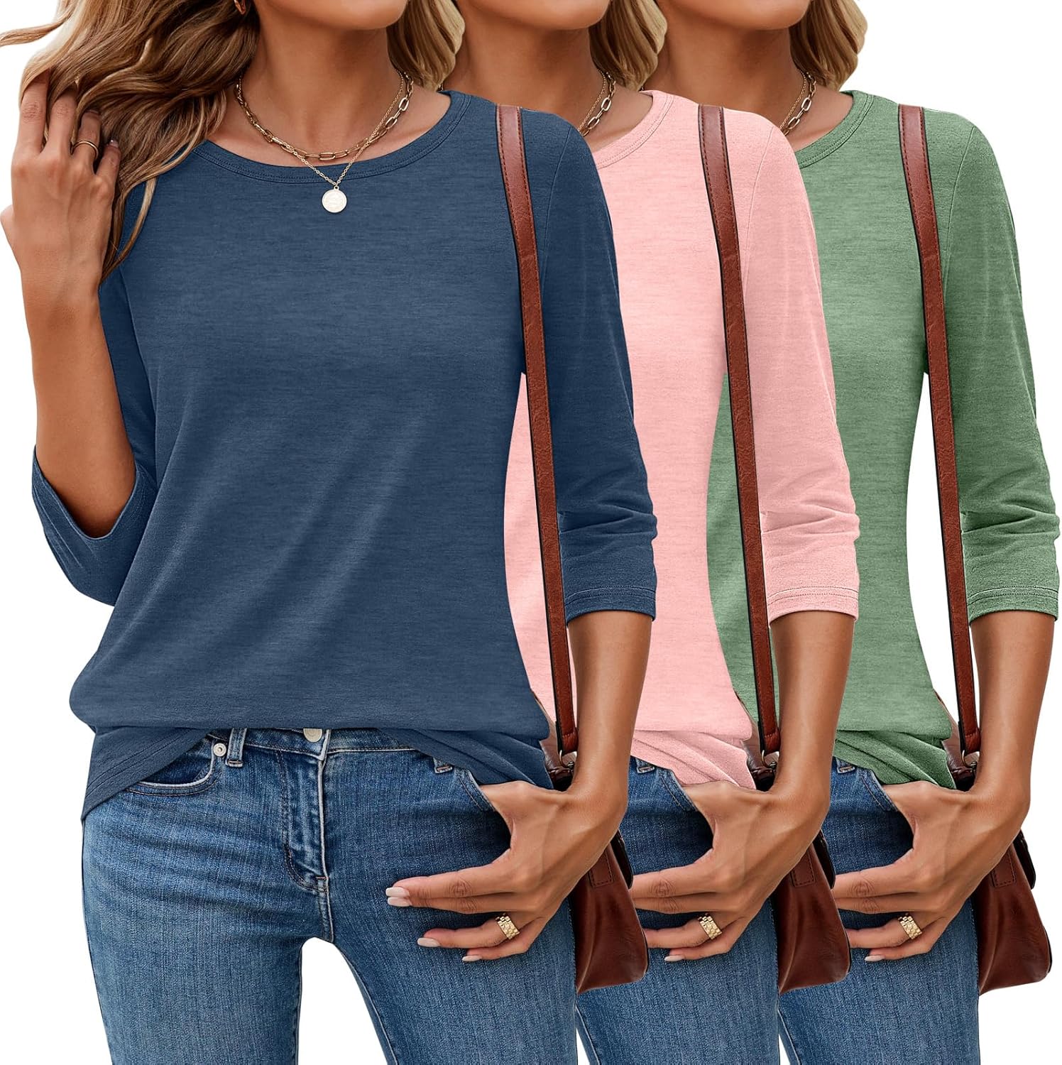 Ficerd 3 Pack 3/4 Sleeve Tops for Women Round Neck Dressy Basics Tees Casual Trendy Loose Fit T Shirts
