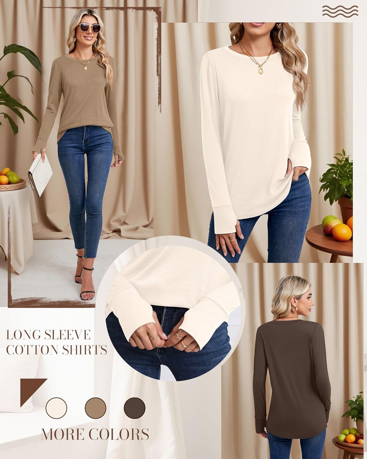 Huukeay 3 Pack Women's Long Sleeve Shirts with Thumb Holes, Cotton Casual Crew Neck Tunic Tops Fall Loose Y2k Trendy Outfits
