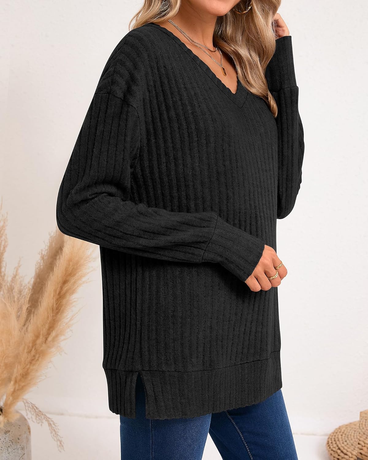 Ficerd 2 Pack Women's Long Sleeve Sweaters, Lightweight V Neck Tops Loose Pullover Sweaters Causal Tunictops 2025 Trendy