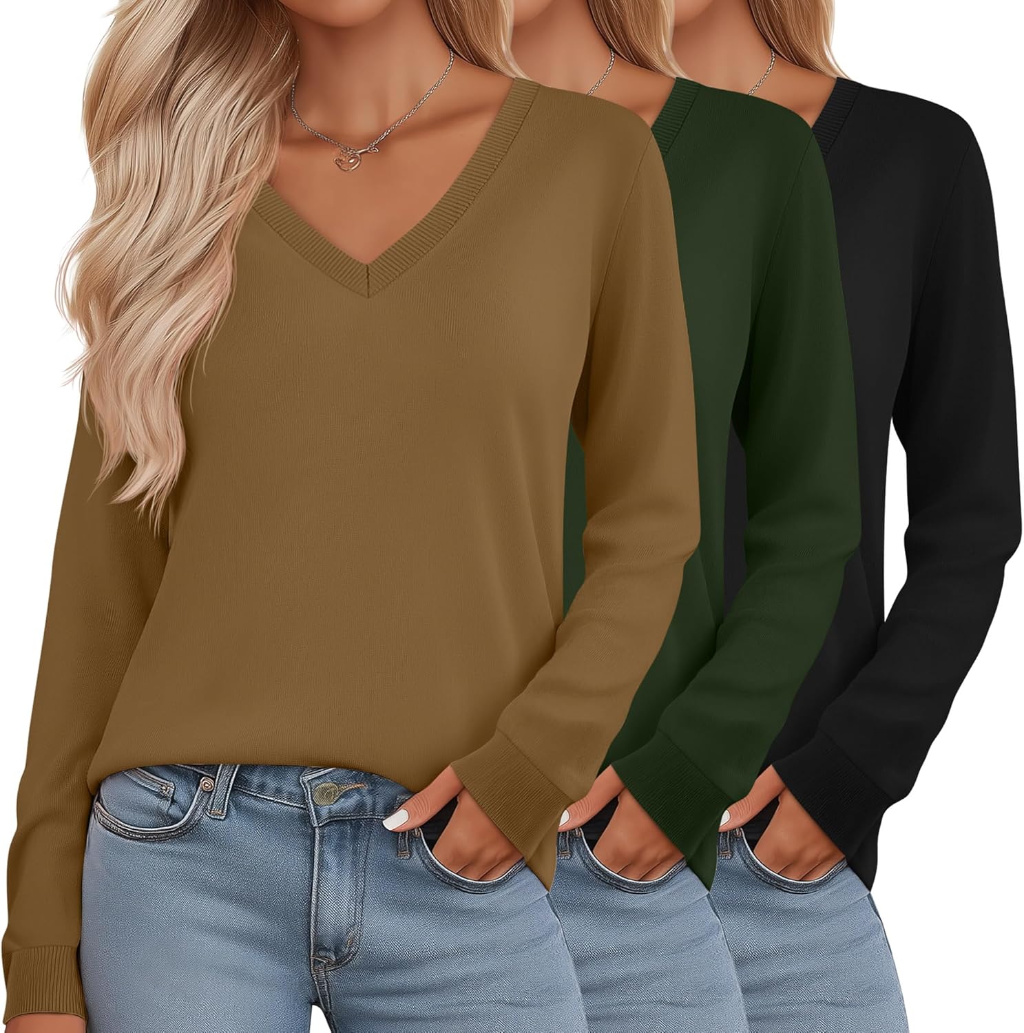 Riyiper 3 Pack Women's V Neck Sweater, Long Sleeve Lightweight Tops Casual Solid Color Pullover Loose Knit Classic Sweaters