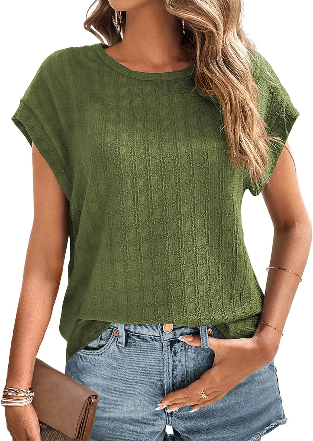 Dokotoo Womens Blouses Summer Casual Cap Short Sleeve Tops Basic Textured Solid Color Round Neck T Shirts Blouse