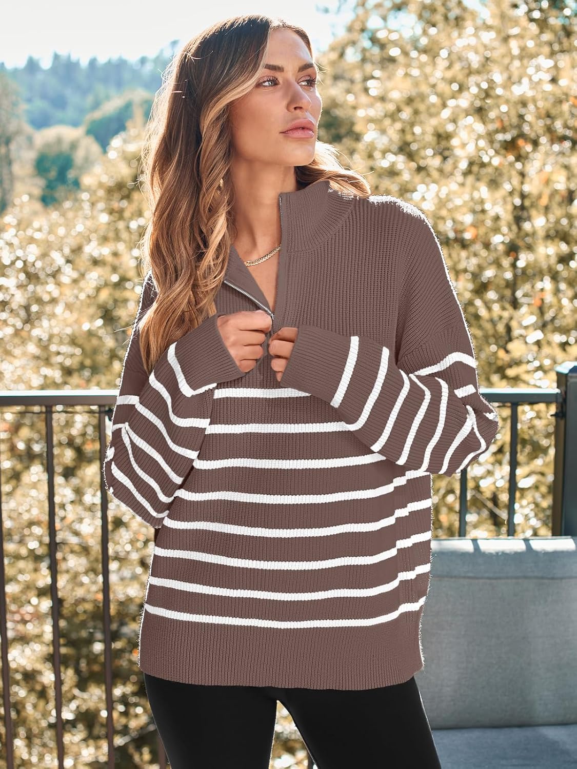 LILLUSORY Women's Quarter Zip Striped Oversized Sweater 2025 Mock Turtleneck Fall Fashion Outfit