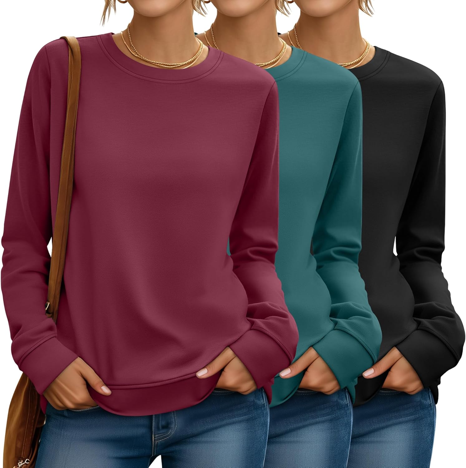 Riyiper 3 Pack Women's Long Sleeve Sweatshirts, Crew Neck Pullover Shirts Loose Casual Lightweight Fall Tops 2025 Trendy