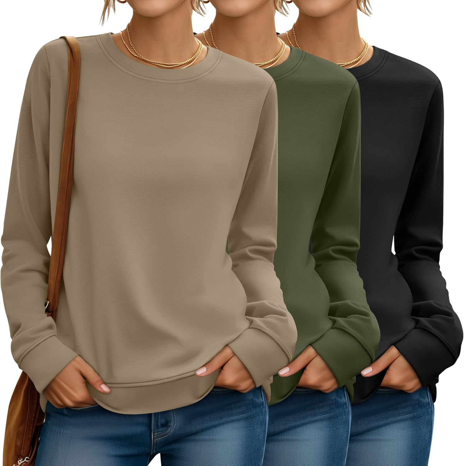 Riyiper 3 Pack Women's Long Sleeve Sweatshirts, Crew Neck Pullover Shirts Loose Casual Lightweight Fall Tops 2025 Trendy