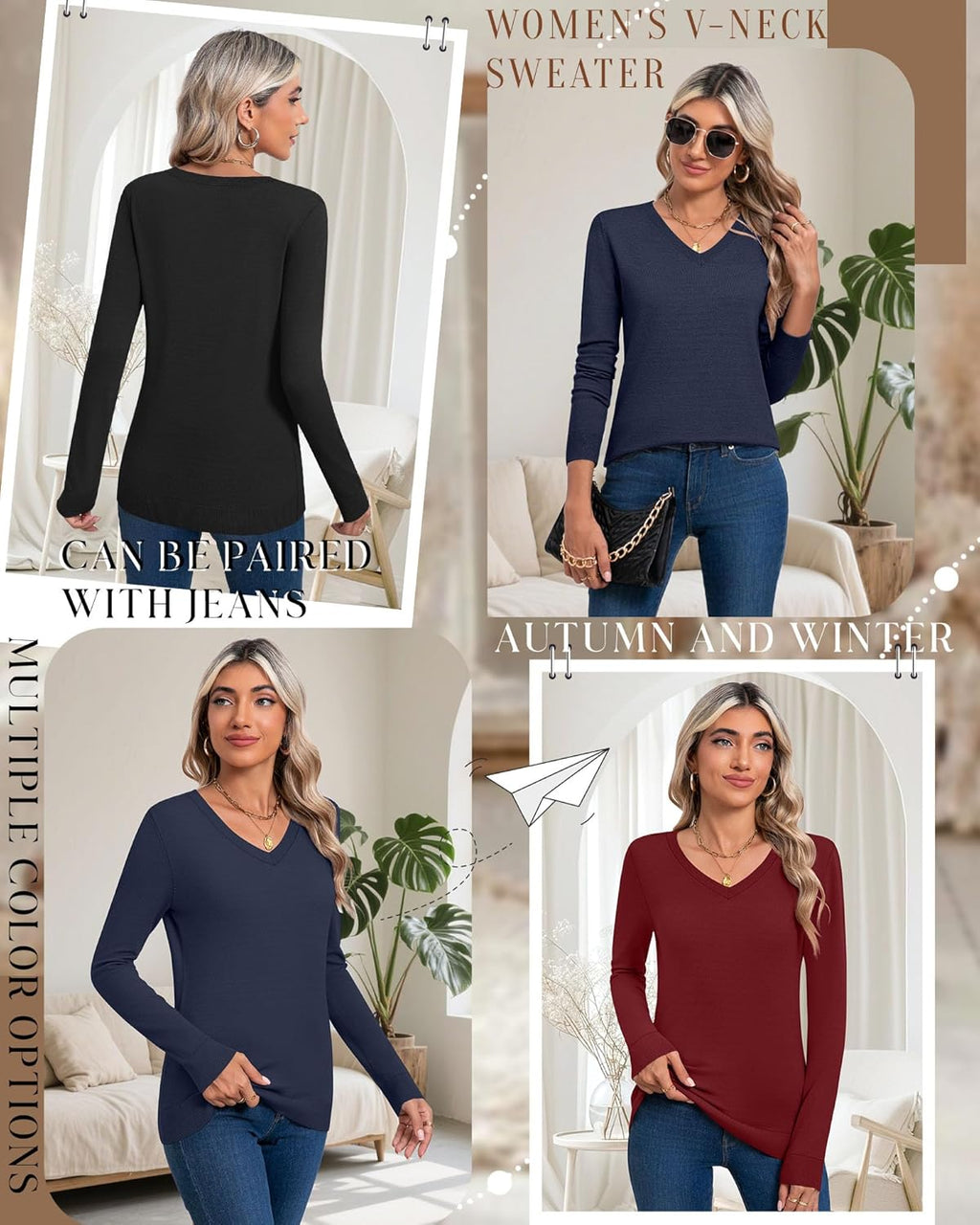 Riyiper 3 Pack Women's V Neck Sweater, Long Sleeve Lightweight Tops Casual Solid Color Pullover Loose Knit Classic Sweaters