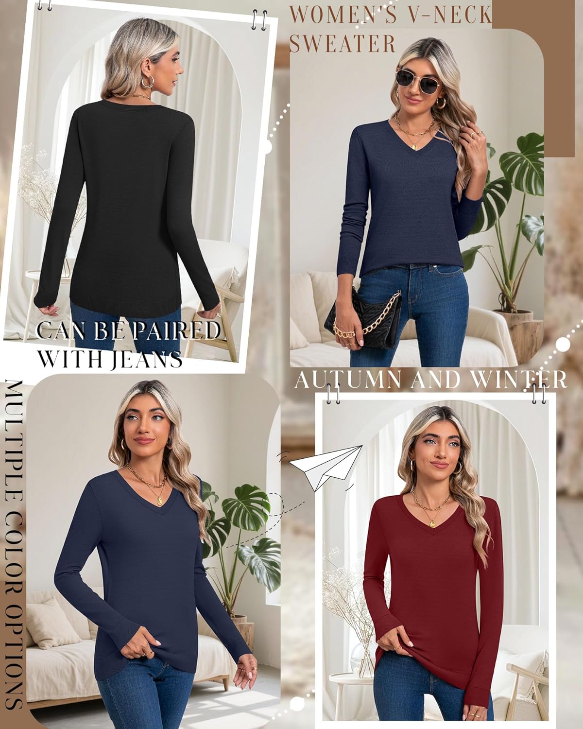 Riyiper 3 Pack Women's V Neck Sweater, Long Sleeve Lightweight Tops Casual Solid Color Pullover Loose Knit Classic Sweaters