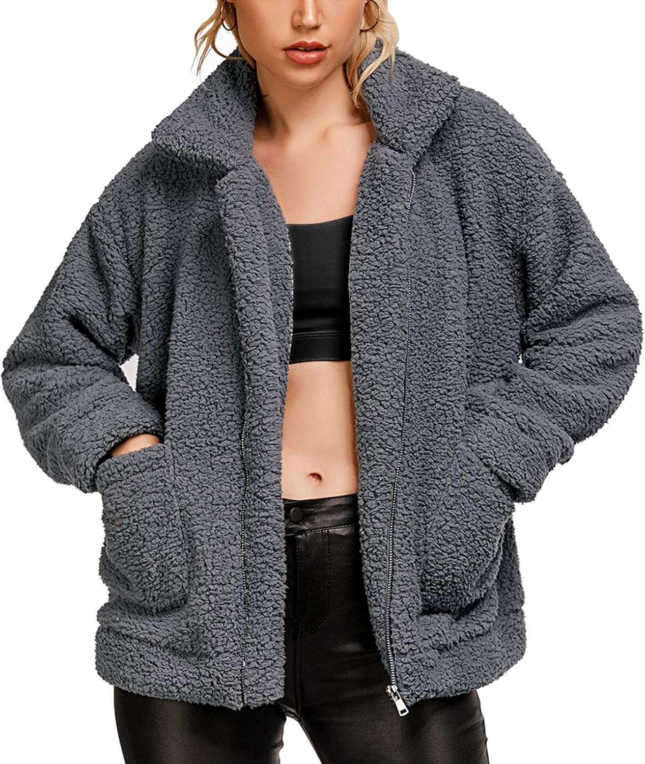 Comeon Women's Coat Casual Lapel Fleece Fuzzy Faux Shearling Zipper Coats Warm Winter Oversized Outwear Jackets