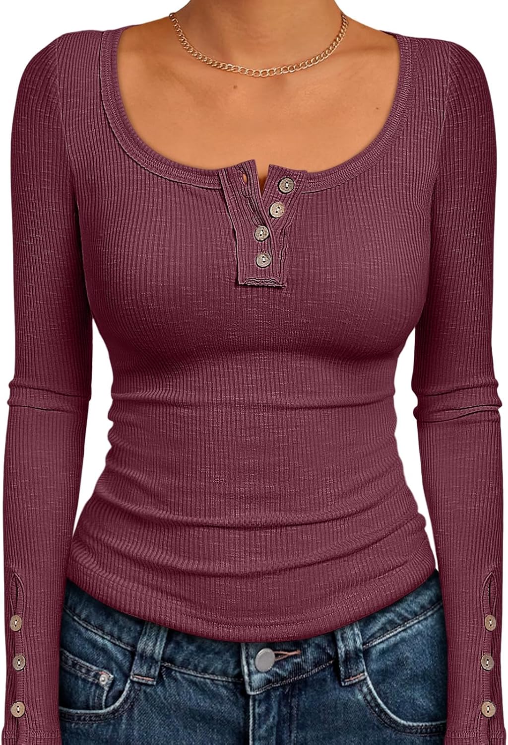 Kissfix Womens Long Sleeve Shirts Fall Clothes Henley Tops Business Casual Ribbed Blouses Fashion Trendy Outfits 2025