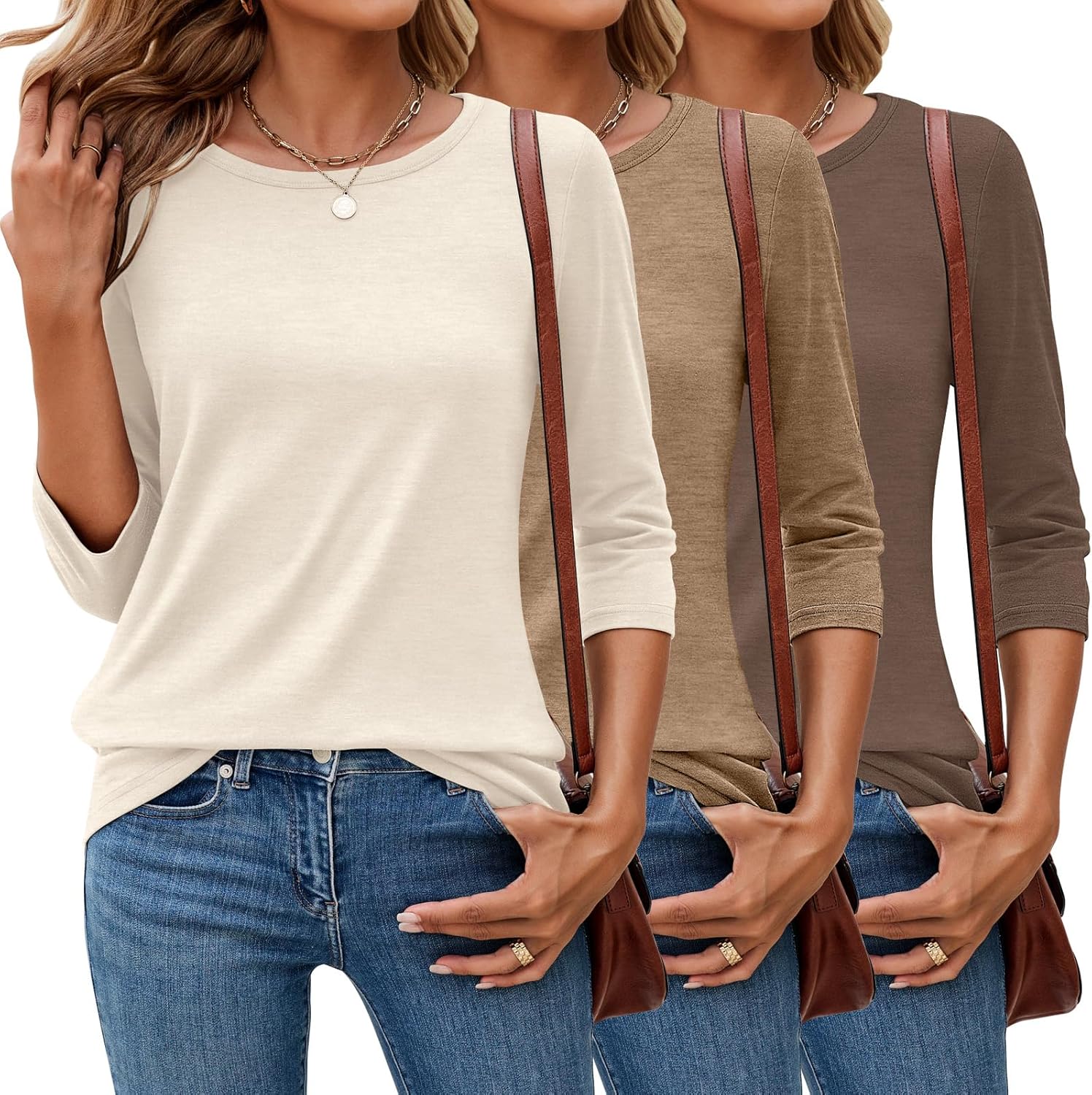 Ficerd 3 Pack 3/4 Sleeve Tops for Women Round Neck Dressy Basics Tees Casual Trendy Loose Fit T Shirts