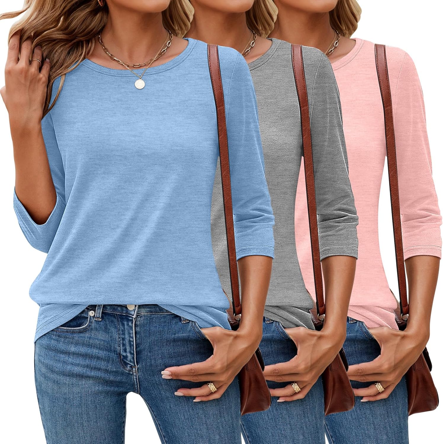 Ficerd 3 Pack 3/4 Sleeve Tops for Women Round Neck Dressy Basics Tees Casual Trendy Loose Fit T Shirts