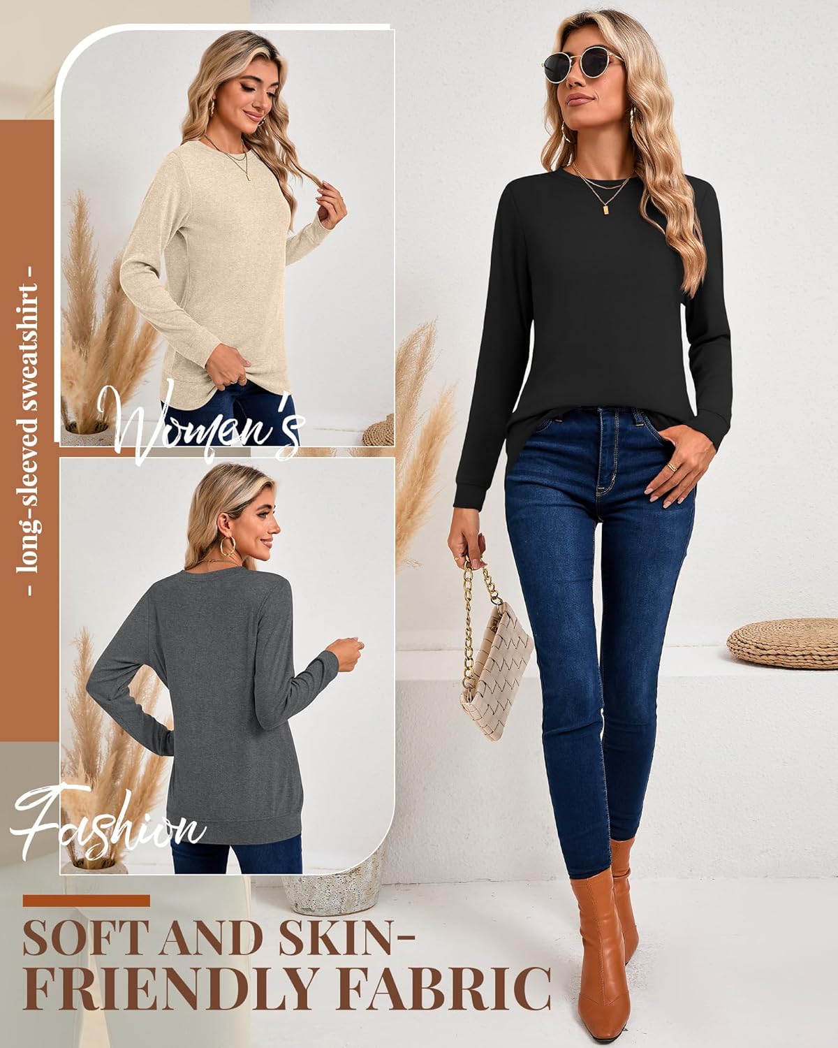 Riyiper 3 Pack Women's Long Sleeve Sweatshirts, Crew Neck Pullover Shirts Loose Casual Lightweight Fall Tops 2025 Trendy
