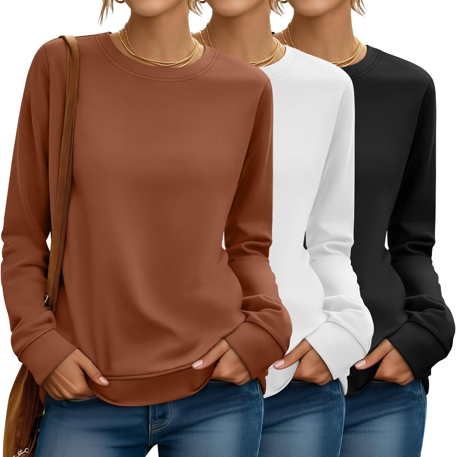 Riyiper 3 Pack Women's Long Sleeve Sweatshirts, Crew Neck Pullover Shirts Loose Casual Lightweight Fall Tops 2025 Trendy